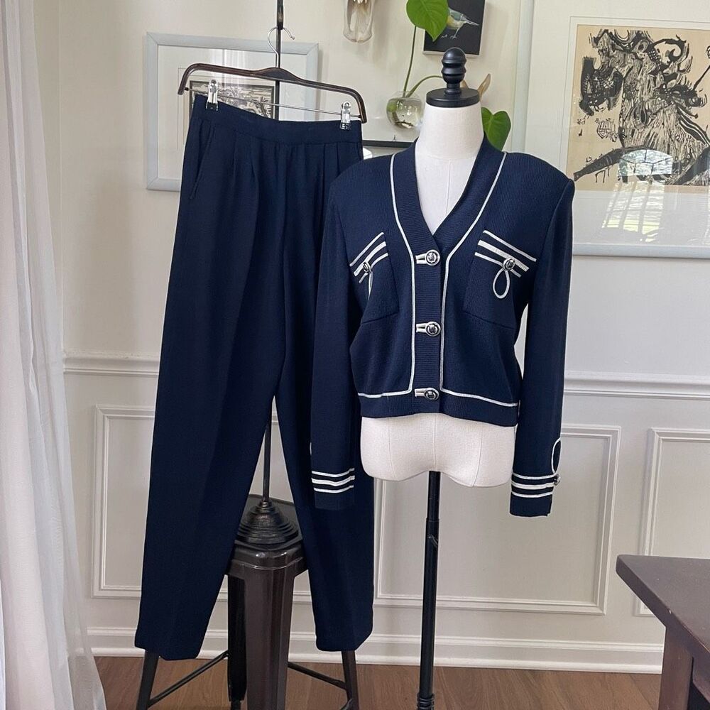 St John Navy Blue Santana Knit 2pc Pant Suit M 6